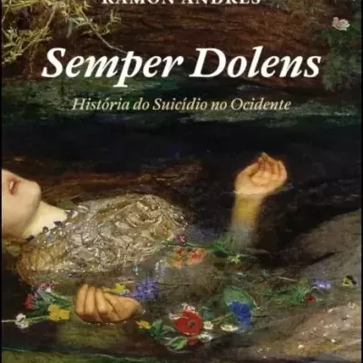 Capa de livro 'Semper Dolens' de Ramón Andrés com pintura de mulher na água e flores