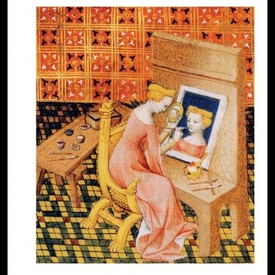 Ilustração medieval de mulher a olhar-se ao espelho com título ELECTRA e número 11