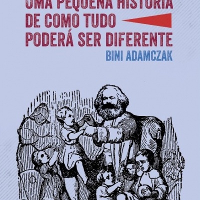 Capa de livro azul claro com texto vermelho e azul e ilustração a preto de homem com barba e crianças