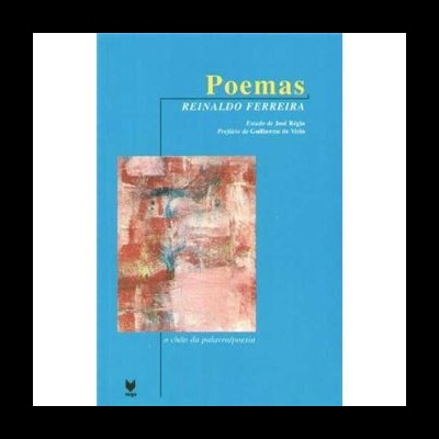 Capa azul de livro chamado Poemas de Reinaldo Ferreira com imagem abstrata em tons vermelhos