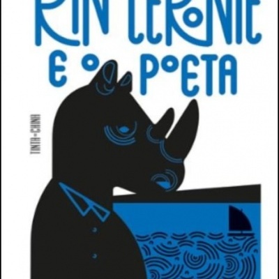 Capa de livro 'Rinoceronte e o poeta' com ilustração de rinoceronte preto e elementos azuis.
