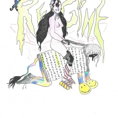 Desenho colorido de figura humana estilizada com texto REGIME ao fundo