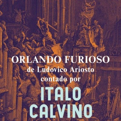 Capa de livro Orlando Furioso contada por Italo Calvino com ilustração clássica em tons castanho e azul.
