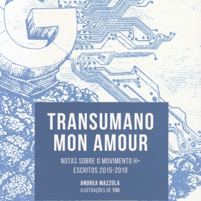 Capa de livro Transumano Mon Amour com gráfico de circuito azul e G grande.