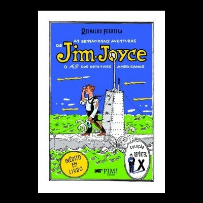 Capa de livro azul com ilustração de detetive e texto com título e selos