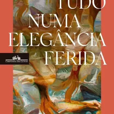 Capa de livro com fundo salmão e título em branco sobre pintura abstrata colorida.