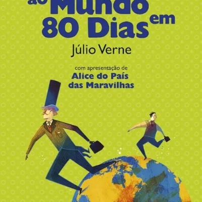 Capa de livro verde com texto azul e ilustração de dois homens com roupas antigas sobre um globo terrestre