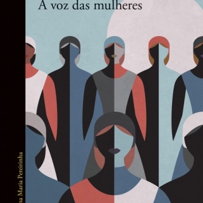 Capa do livro 'A voz das mulheres' de Miriam Toews com ilustração de mulheres abstratas em cores azul, vermelho e cinza