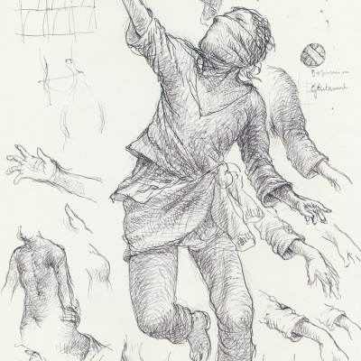 Desenho a lápis de figura humana vendada com braços estendidos e múltiplos esboços de mãos e braços ao redor.