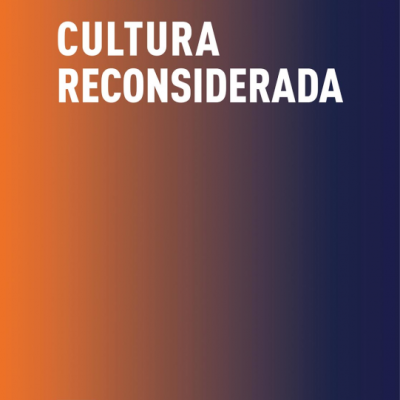 Capa de livro Cultura Reconsiderada com fundo em gradiente laranja para azul escuro