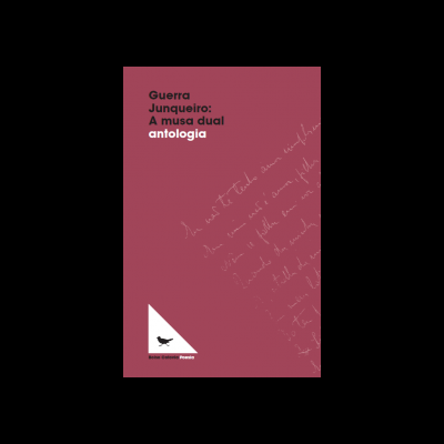 Capa de livro com fundo vermelho escuro e texto em preto e branco, logotipo de pássaro