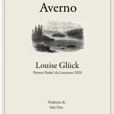 Capa de livro Averno com texto e ilustração de paisagem a preto e branco