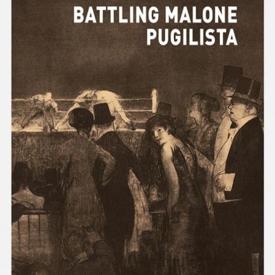 Capa do livro Battling Malone Pugilista com imagem vintage de pessoas a assistir a luta.