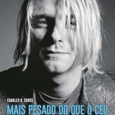 Capa de livro biografia de Kurt Cobain com foto a preto e branco do cantor