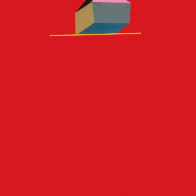 Casa escultural colorida suspensa com fundo vermelho