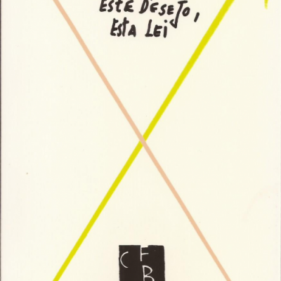 Capa de livro branco com linhas diagonais amarelas e cor de rosa e texto manuscrito