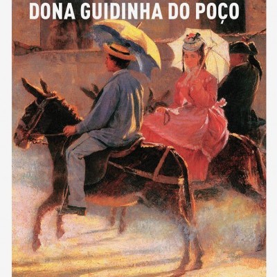 Capa de livro com pintura de três pessoas em burros e título em branco