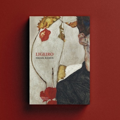 Capa de livro com pintura de folhas secas e parte do rosto de uma pessoa, textos LIGEIRO e ISMAEL RAMOS