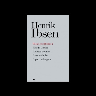 Capa de livro cinzenta com texto de Henrik Ibsen e títulos das peças