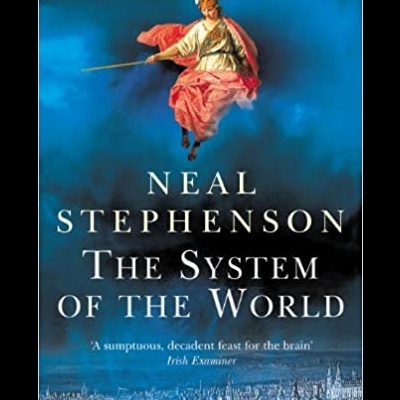 Capa do livro 'The System of the World' de Neal Stephenson com figura feminina em vestido cor-de-rosa e fundo azul