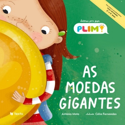 Capa do livro infantil 'As Moedas Gigantes' com ilustração de criança e moeda gigante
