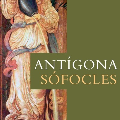 Capa verde-oliva do livro Antígona de Sófocles com ilustração de mulher e ânfora