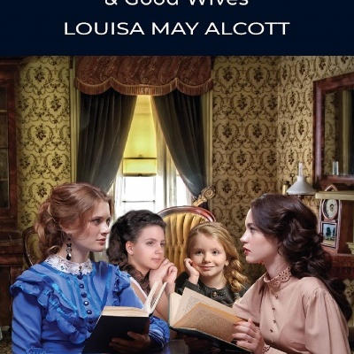 Capa do livro Little Women & Good Wives de Louisa May Alcott, com quatro mulheres a lerem em ambiente vintage