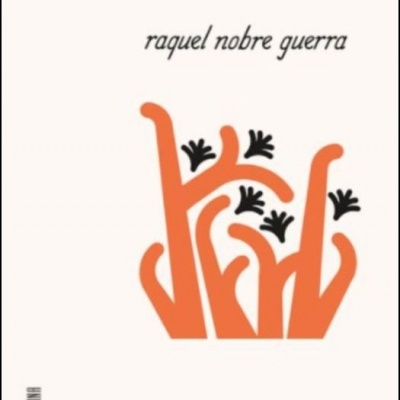 Capa de livro com título divisão da alegria e autor raquel nobre guerra em fundo branco e ilustração laranja e preta