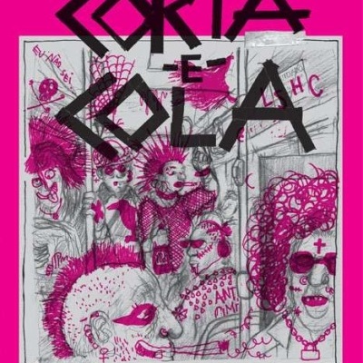 Capa de livro com pessoas punk desenhadas, texto em rosa e preto