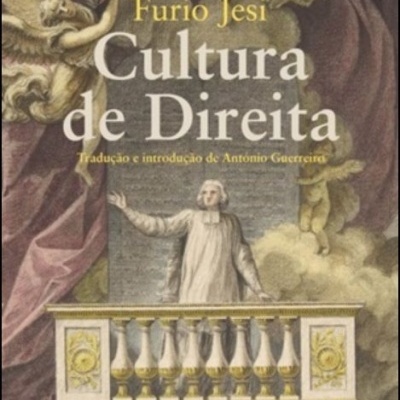 Capa de livro com figura humana em varanda e anjos, com texto 'Furio Jesi Cultura de Direita'