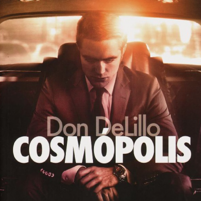 Capa de livro COSMÓPOLIS de Don DeLillo com homem vestido formal sentado no banco de trás de um carro.