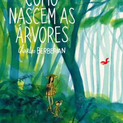 Capa de livro ilustrada com texto e figuras numa floresta verde com duas pessoas, um cão e um pássaro vermelho