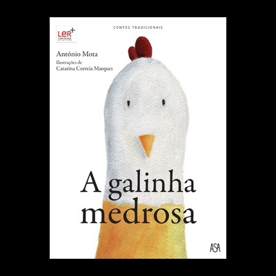 Capa do livro 'A galinha medrosa' com ilustração de galinha.