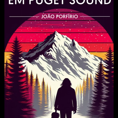 Capa de livro com título 'DESAPARECER EM PUGET SOUND' e figura de pessoa com guitarra frente a montanha e árvores