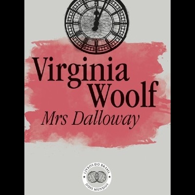 Capa de livro Virginia Woolf Mrs Dalloway com relógio antigo e fundo cinzento claro