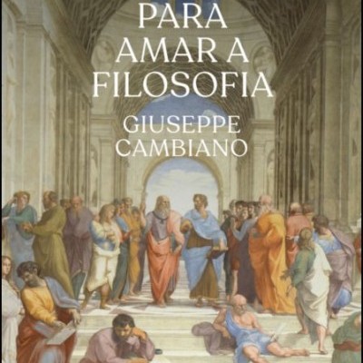 Capa de livro com título e ilustração de filósofos em arquitetura clássica