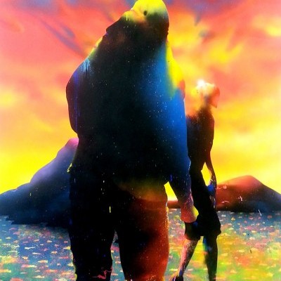 Silhuetas humanas escuras contra fundo colorido vibrante com tons quentes de pôr do sol ou aurora