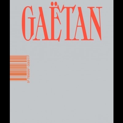 Capa de livro cinza com título vermelho GAËTAN e código de barras laranja.