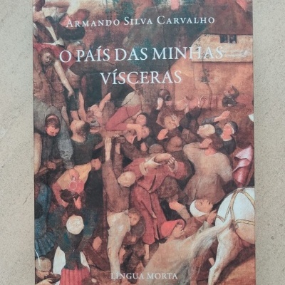 Capa de livro com ilustração histórica e texto O PAÍS DAS MINHAS VÍSCERAS