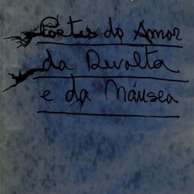 Capa de livro azul com texto manuscrito preto e texto branco