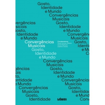 Capa de livro azul com texto em preto e branco sobre música