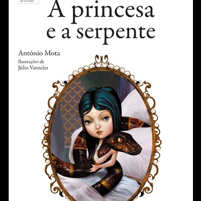 Capa do livro A princesa e a serpente com rapariga e serpente numa moldura oval dourada