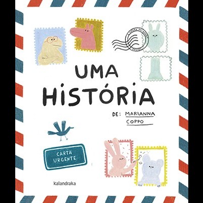 Capa de livro infantil com ilustrações de selos postais e borda tipo envelope postal