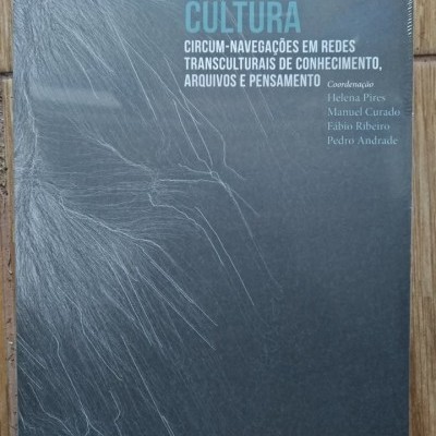 Livro 'Ciber Cultura' com capa cinza escuro e texto azul e branco embalado em plástico