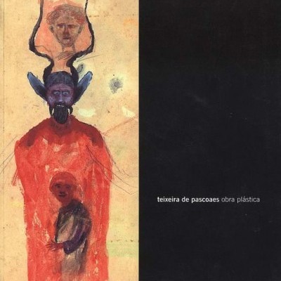 Pintura abstrata com três figuras humanas sobrepostas e texto em fundo preto