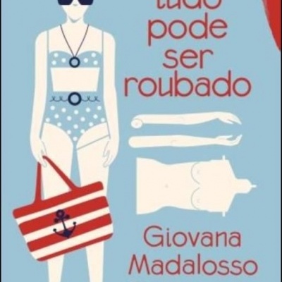 Capa de livro com mulher de maiô azul e frases em vermelho