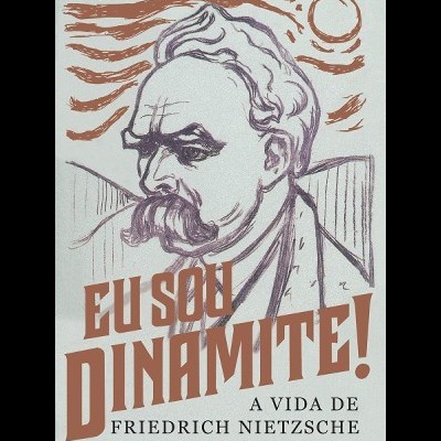 Capa de livro com desenho de Friedrich Nietzsche e texto em castanho e preto