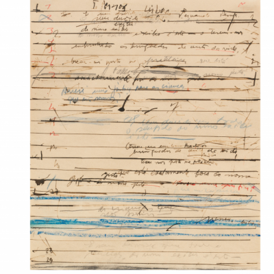 Capa de publicação com título ELECTRA, página manuscrita com riscos de tinta e número 15 no canto inferior