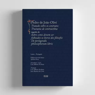 Livro de capa dura azul escura com texto branco e detalhes decorativos na capa