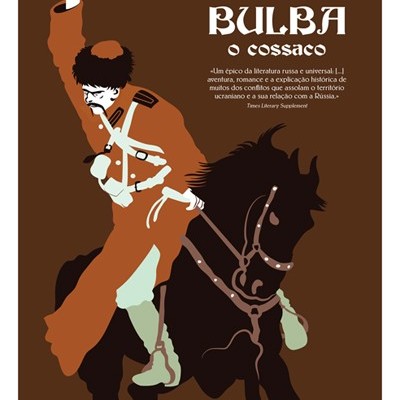 Capa do livro 'Tarass Bulba o cossaco' de Nikolai Gogol com ilustração de um cossaco a cavalo a brandir uma espada.